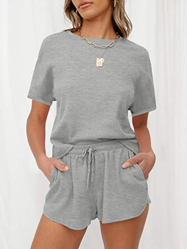 Waffle Knit Cotton Loungewear Set – Short Sleeve Top & Shorts Two-Piece