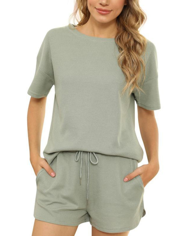 Waffle Knit Cotton Loungewear Set – Short Sleeve Top & Shorts Two-Piece