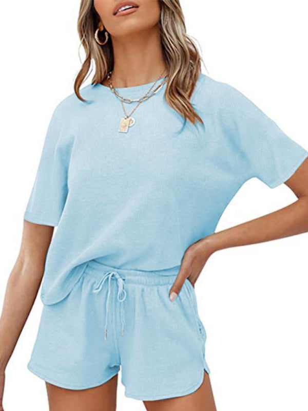 Waffle Knit Cotton Loungewear Set – Short Sleeve Top & Shorts Two-Piece