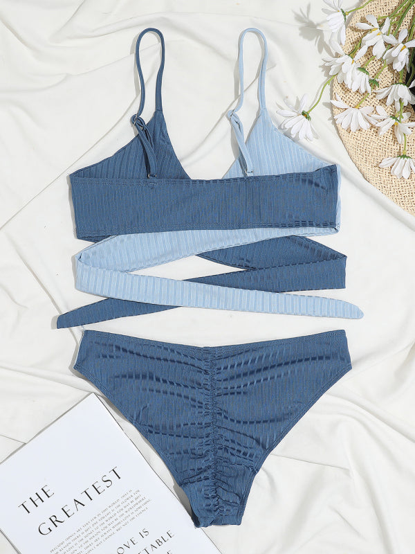 Color Block High-Waisted Bikini Set – Crisscross Back & Ribbed Texture
