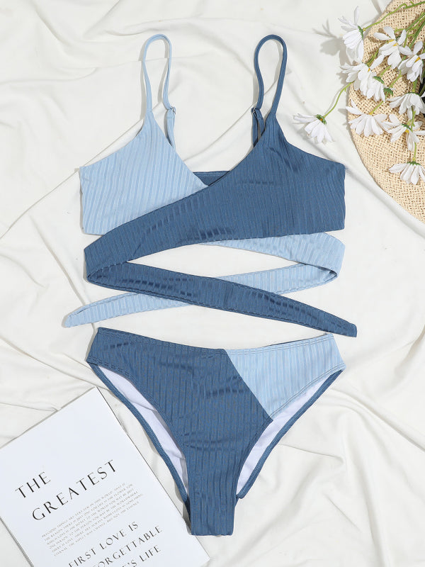 Color Block High-Waisted Bikini Set – Crisscross Back & Ribbed Texture