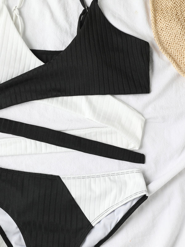 Color Block High-Waisted Bikini Set – Crisscross Back & Ribbed Texture