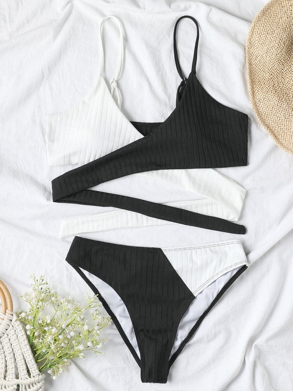 Color Block High-Waisted Bikini Set – Crisscross Back & Ribbed Texture