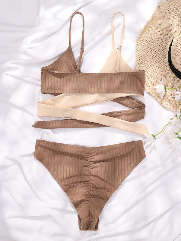 Color Block High-Waisted Bikini Set – Crisscross Back & Ribbed Texture