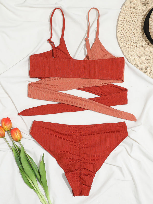 Color Block High-Waisted Bikini Set – Crisscross Back & Ribbed Texture