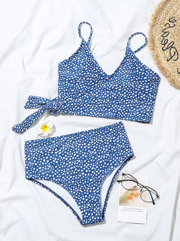 Polka Dot High-Waisted Bikini Set – Cross-Tie Top & Moderate Stretch
