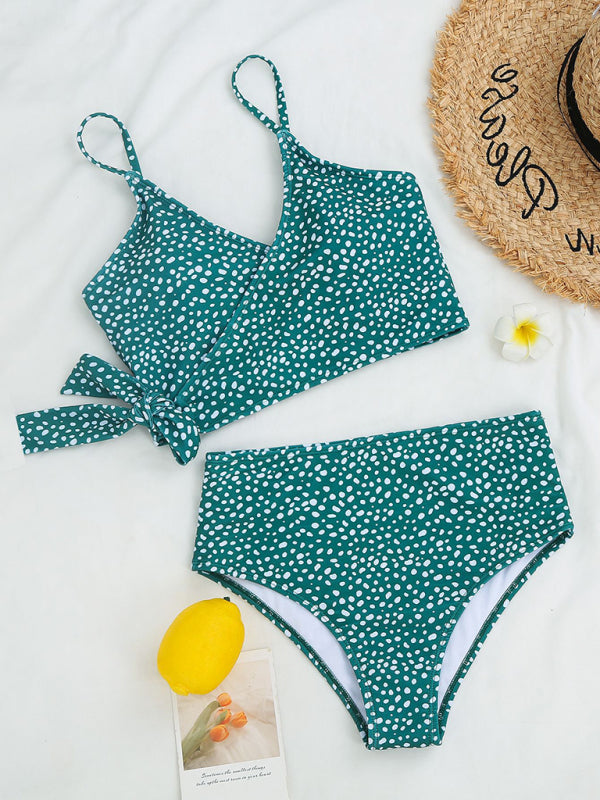 Polka Dot High-Waisted Bikini Set – Cross-Tie Top & Moderate Stretch