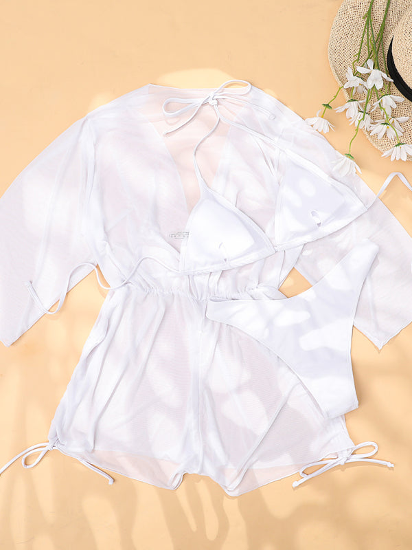 High-Waisted Solid Bikini 3-Piece Set – Lace-Up Top & Cover-Up Tee