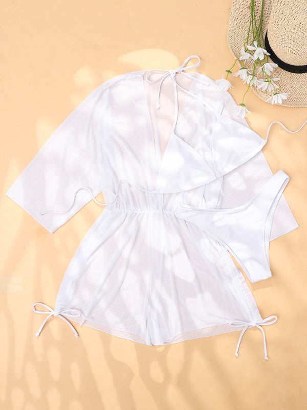 High-Waisted Solid Bikini 3-Piece Set – Lace-Up Top & Cover-Up Tee