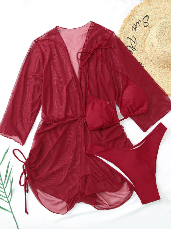 High-Waisted Solid Bikini 3-Piece Set – Lace-Up Top & Cover-Up Tee
