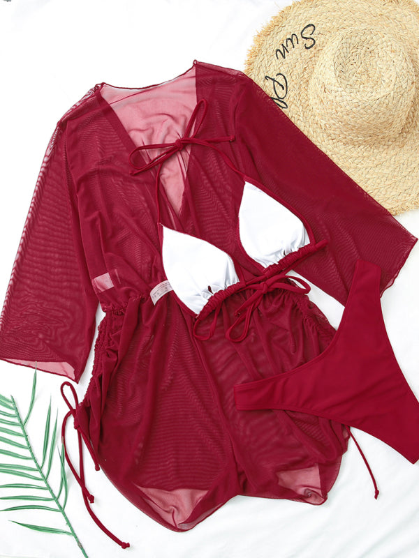 High-Waisted Solid Bikini 3-Piece Set – Lace-Up Top & Cover-Up Tee