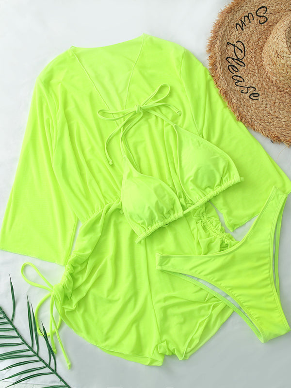 High-Waisted Solid Bikini 3-Piece Set – Lace-Up Top & Cover-Up Tee