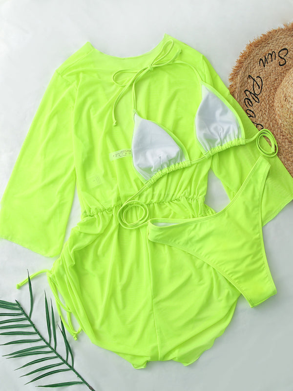 High-Waisted Solid Bikini 3-Piece Set – Lace-Up Top & Cover-Up Tee