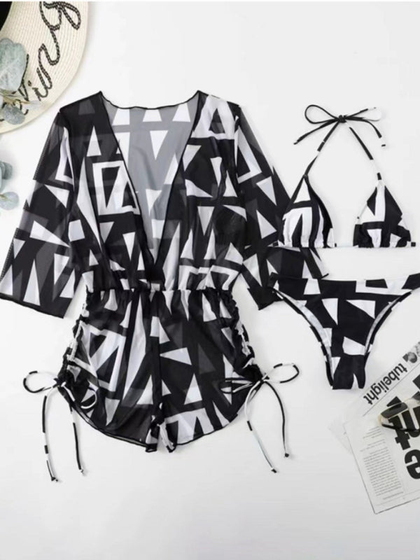 Tropical Floral 3-Piece High-Waist Bikini Set with Tie Top & Cover-Up