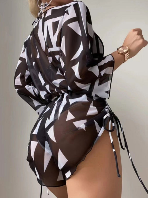 Tropical Floral 3-Piece High-Waist Bikini Set with Tie Top & Cover-Up