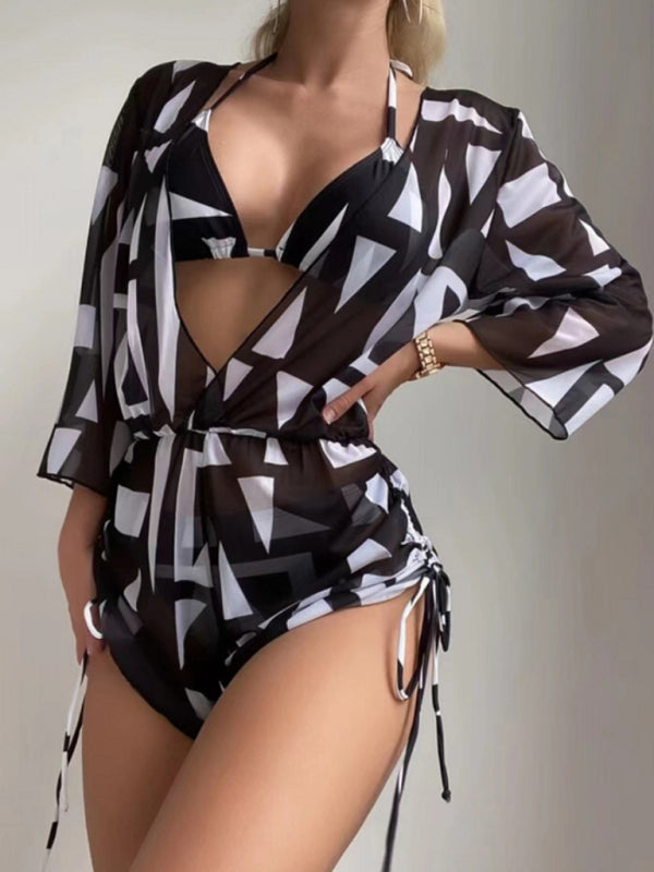Tropical Floral 3-Piece High-Waist Bikini Set with Tie Top & Cover-Up