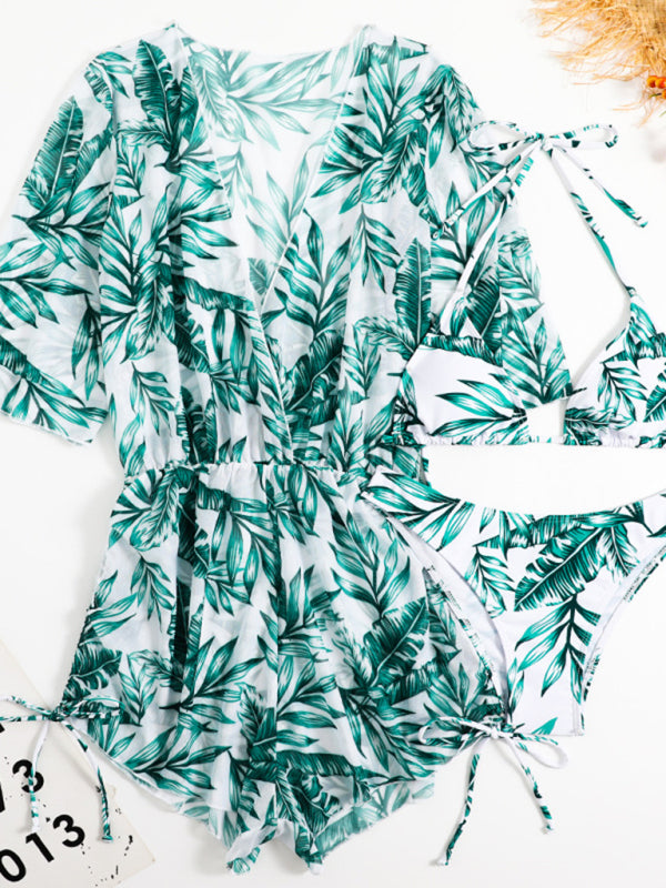 Tropical Floral 3-Piece High-Waist Bikini Set with Tie Top & Cover-Up