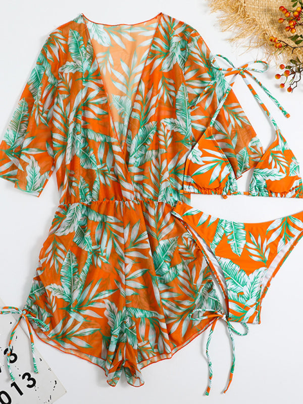 Tropical Floral 3-Piece High-Waist Bikini Set with Tie Top & Cover-Up