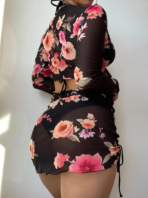 Floral Bikini Set with Drawstring Long Sleeve Cover-Up – 4-Piece Swim Set