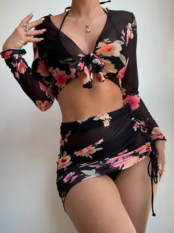 Floral Bikini Set with Drawstring Long Sleeve Cover-Up – 4-Piece Swim Set