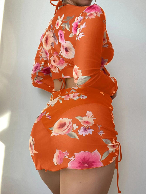 Floral Bikini Set with Drawstring Long Sleeve Cover-Up – 4-Piece Swim Set