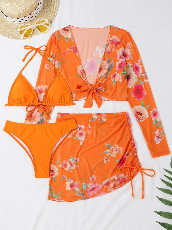 Floral Bikini Set with Drawstring Long Sleeve Cover-Up – 4-Piece Swim Set