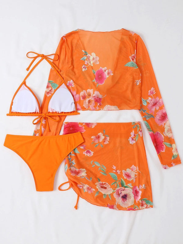 Floral Bikini Set with Drawstring Long Sleeve Cover-Up – 4-Piece Swim Set