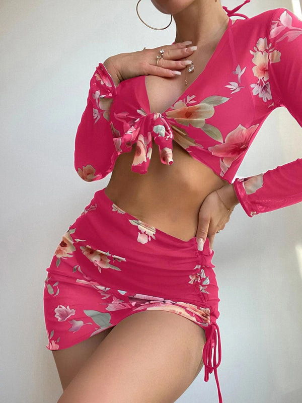 Floral Bikini Set with Drawstring Long Sleeve Cover-Up – 4-Piece Swim Set