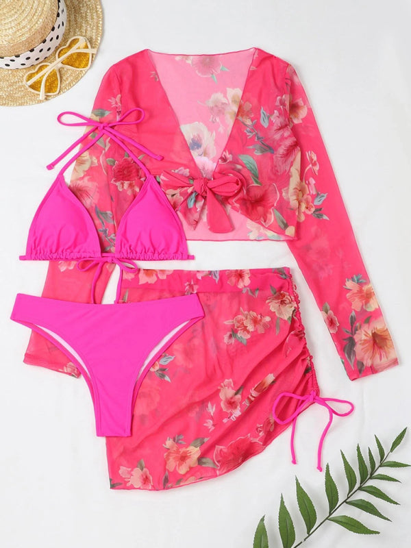 Floral Bikini Set with Drawstring Long Sleeve Cover-Up – 4-Piece Swim Set