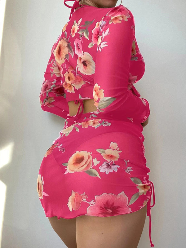 Floral Bikini Set with Drawstring Long Sleeve Cover-Up – 4-Piece Swim Set