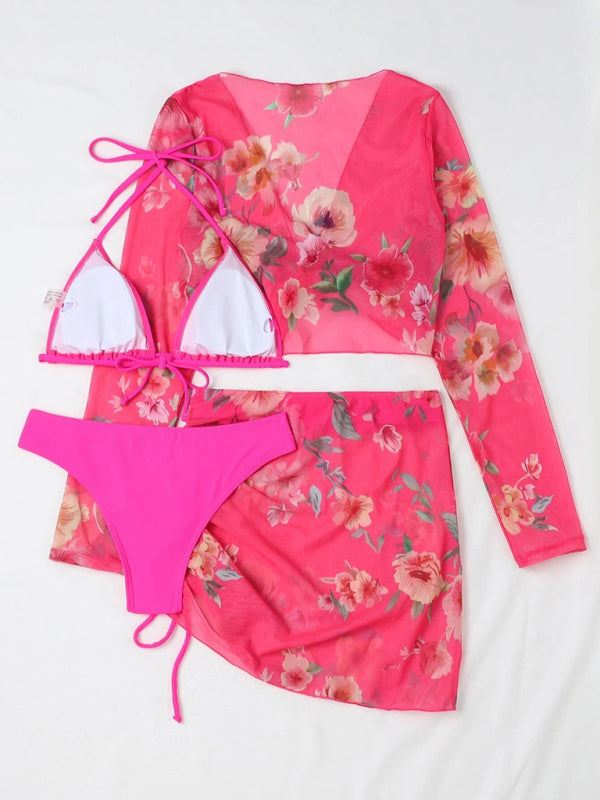 Floral Bikini Set with Drawstring Long Sleeve Cover-Up – 4-Piece Swim Set
