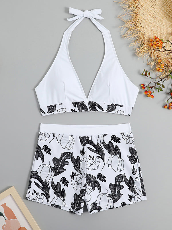 Women's High Waist Boxer Tie Printed Solid Color Panel Bikini