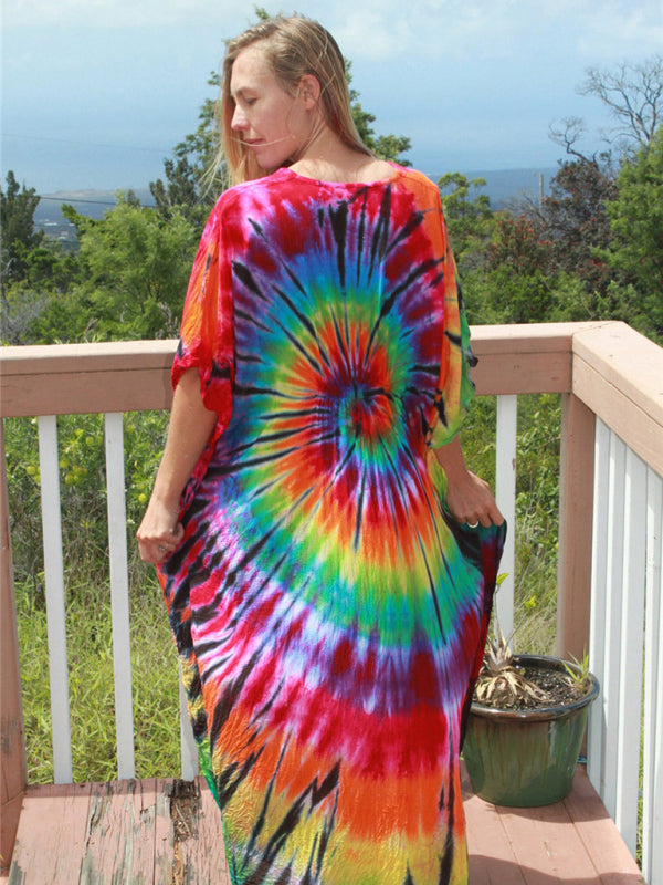 Cotton Printed Beach Cover-Up Dress – Flowy Sun Protection Gown Red FREESIZE