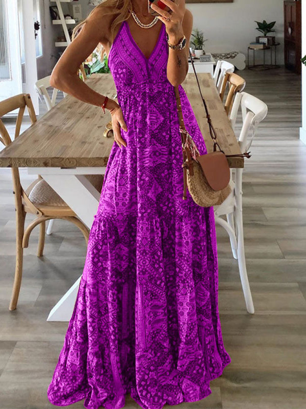 Boho Print V-Neck Sleeveless Maxi Dress