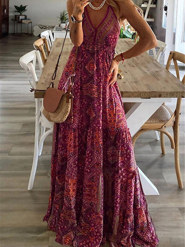 Boho Print V-Neck Sleeveless Maxi Dress