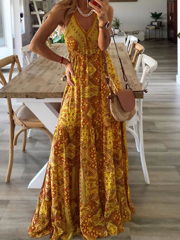 Boho Print V-Neck Sleeveless Maxi Dress