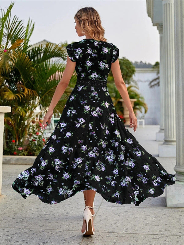 Floral Swing Skirt Dress with Lace Waist – Sleeveless, V-Neck, Lightweight