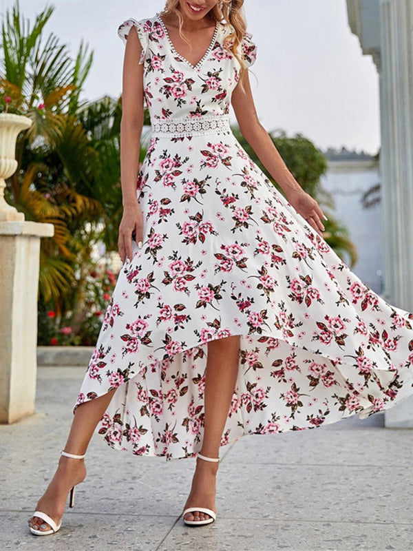 Floral Swing Skirt Dress with Lace Waist – Sleeveless, V-Neck, Lightweight