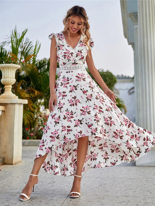 Floral Swing Skirt Dress with Lace Waist – Sleeveless, V-Neck, Lightweight