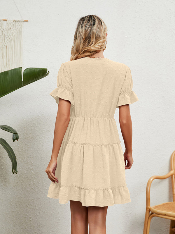 Chiffon Jacquard V-Neck Puff Sleeve Dress – Romantic High Waist Casual Fit