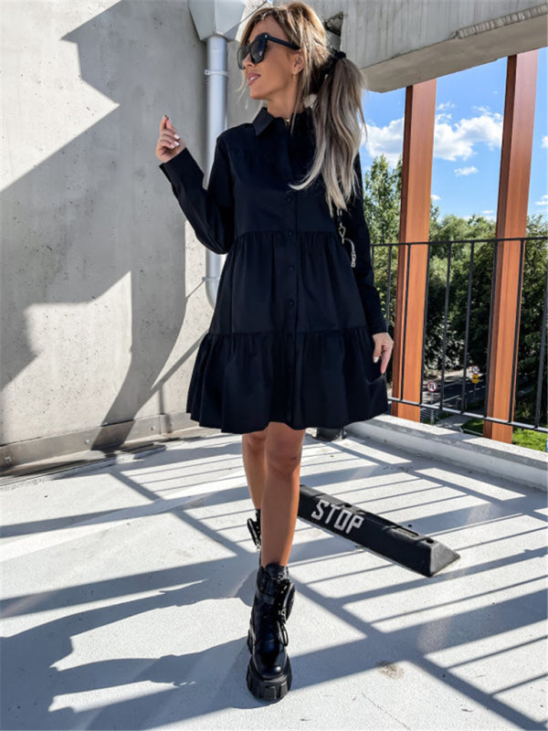 Solid Color Long Sleeve Shirt Dress – Loose Fit, Lightweight, Casual Style