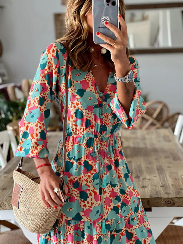 Elegant V-Neck Floral Maxi Dress – Half Sleeve, Lightweight Swing Fit