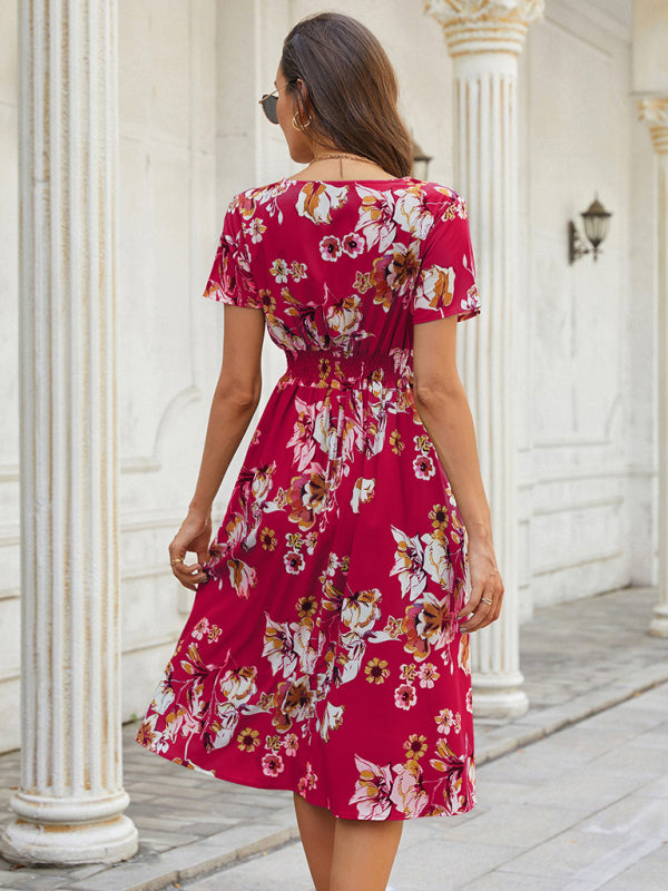 Floral V-Neck Midi Dress – Lightweight Vacation Style for Summer