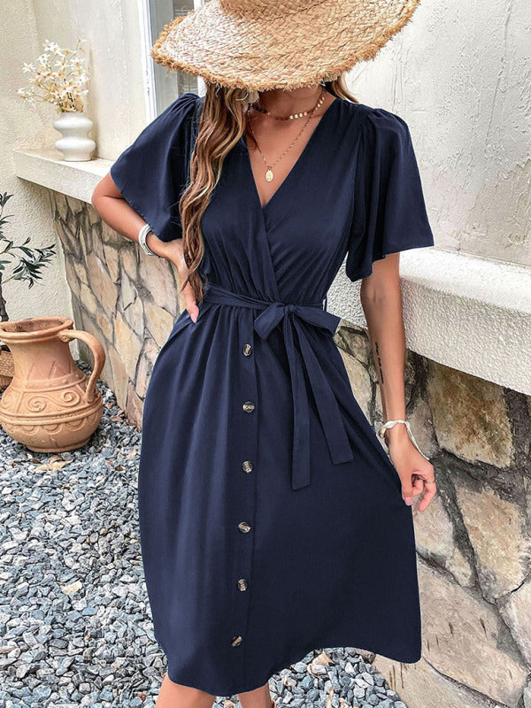 Woven V-Neck Short Sleeve Midi Dress – Elegant High Waist, Soft Touch Fabric