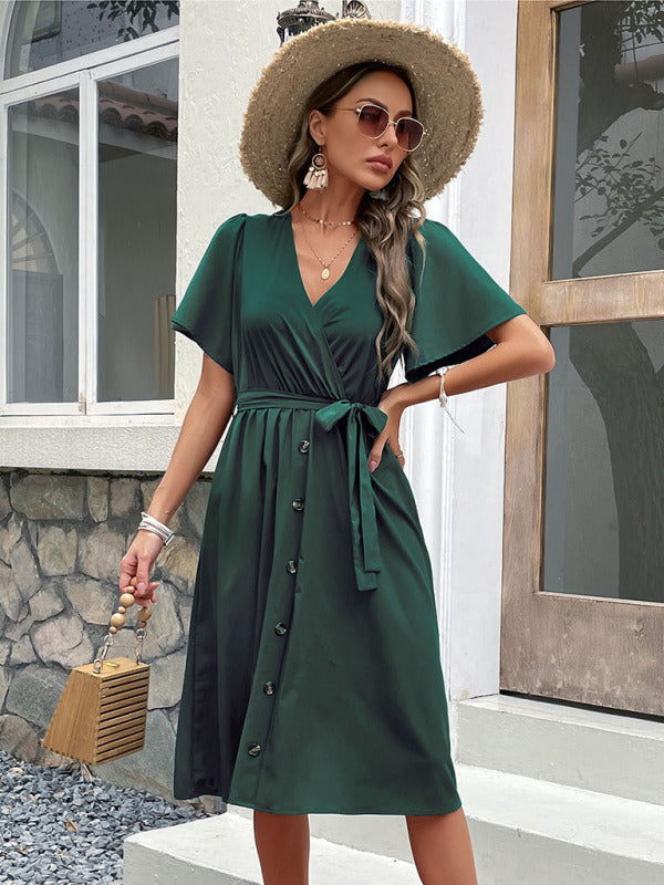 Woven V-Neck Short Sleeve Midi Dress – Elegant High Waist, Soft Touch Fabric