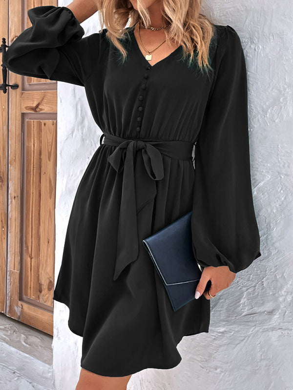 Woven V-Neck Long Sleeve Lantern Dress – High Waist & Elegant Fit