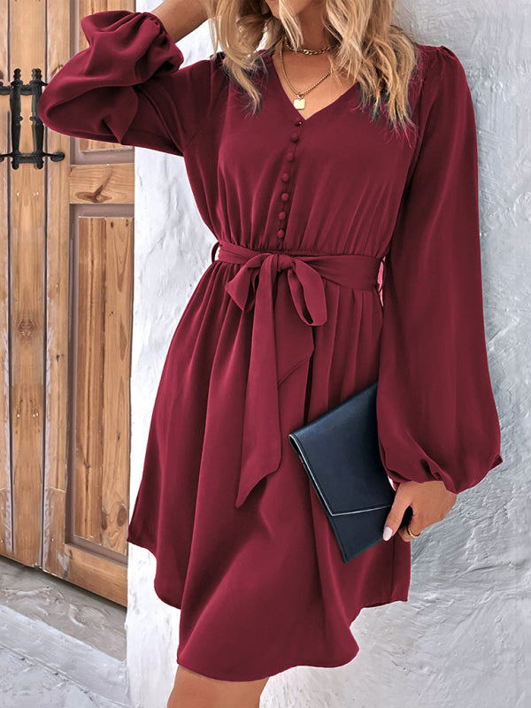 Woven V-Neck Long Sleeve Lantern Dress – High Waist & Elegant Fit