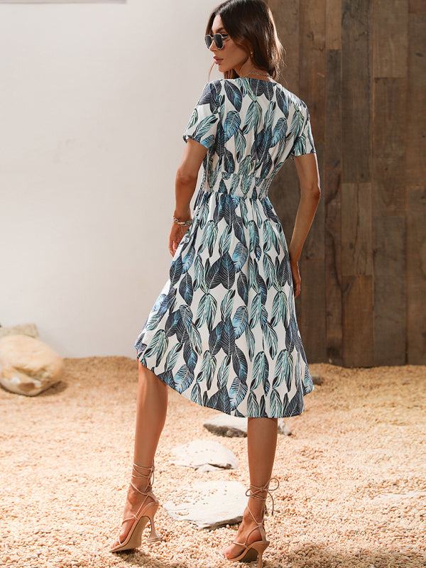 Leaf Print V-Neck Midi Dress – Lightweight Vacation Style