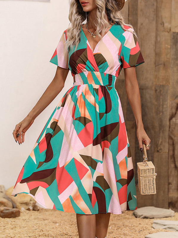 Geometric Print Vacation Midi Dress – V-Neck, Lightweight, Spring Ready Green