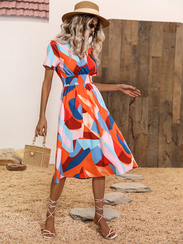 Geometric Print Vacation Midi Dress – V-Neck, Lightweight, Spring Ready